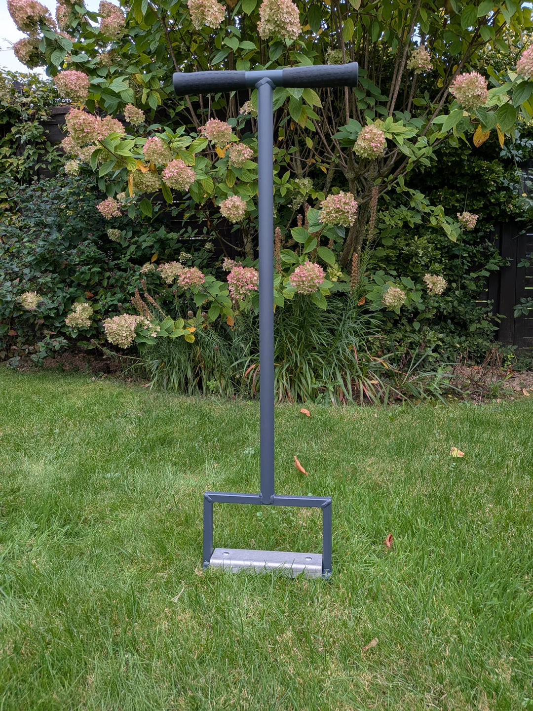 Rasenspecht mit Vollspoon-Set vor Hortensien im Garten